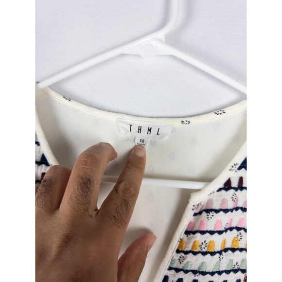 THML Anthropologie Dress Womens XS Colorful V Neck Pom Pom Midi Rayon Blend - Picture 5 of 8